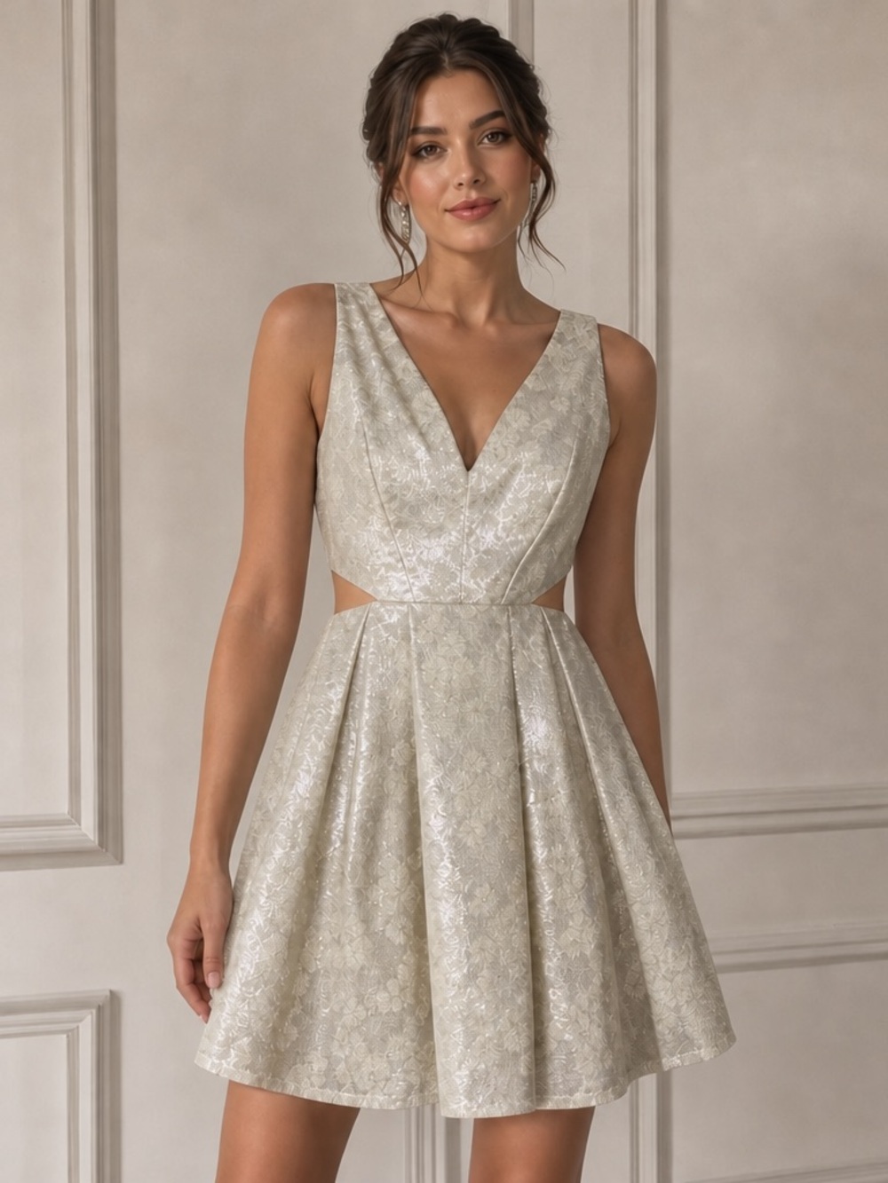 Blue Rain Metallic Ivory Floral Fit-and-Flare Mini Dress